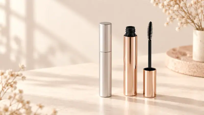 Close-up of mascara tube, brush, and cap on a light surface.