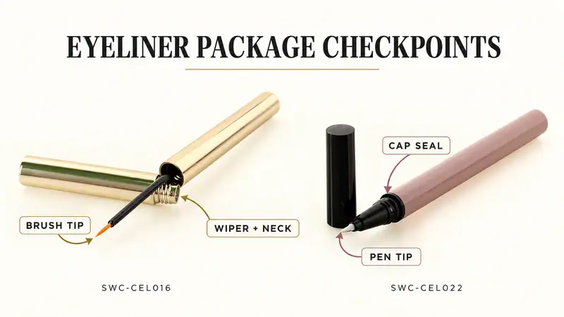 Eyeliner packaging with brush tip, pen tip, and cap seal for quality check.