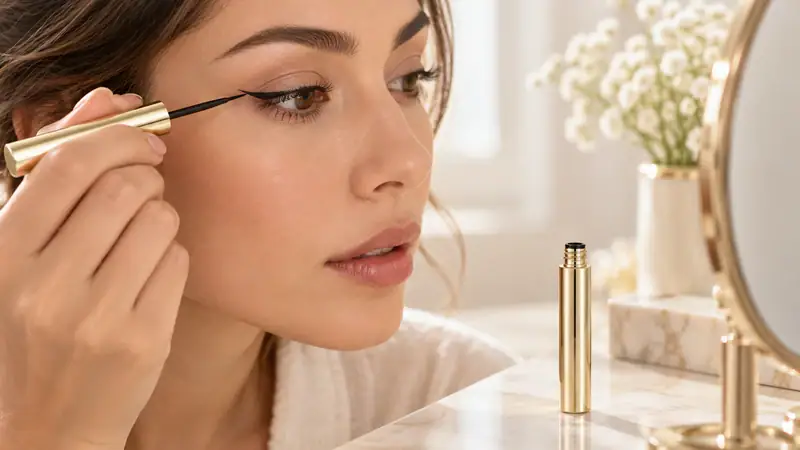 Woman applying liquid eyeliner with a brush from Somewang packaging.