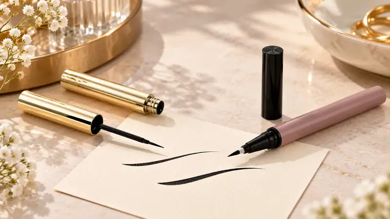 Elegant liquid eyeliner with brush tip on a beige surface.