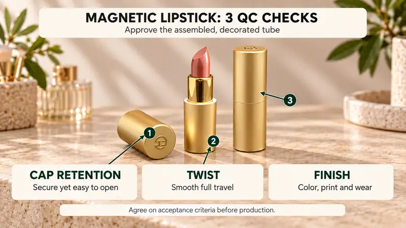 Magnetic lipstick tubes with QC check labels for quality assurance.