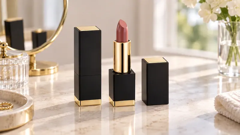Elegant black and gold lipstick tube with cap and open lipstick.