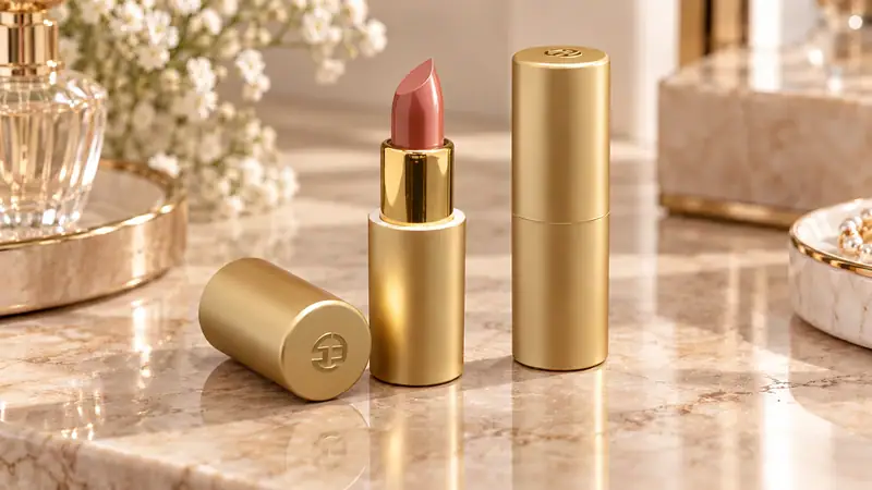 Elegant gold lipstick tube with a pink lipstick inside on a marble surface.